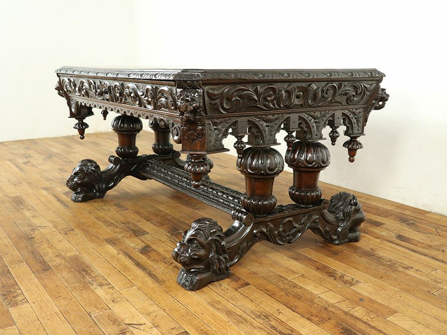 ライオン彫刻デスク　アンティークフレックス