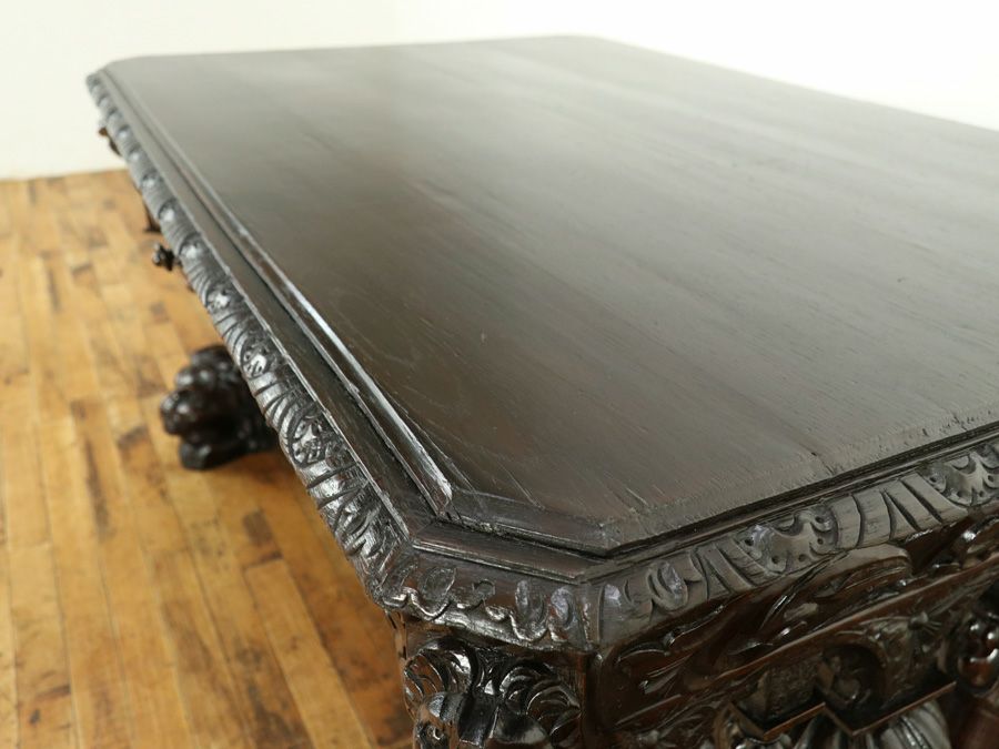 ライオン彫刻デスク　アンティークフレックス