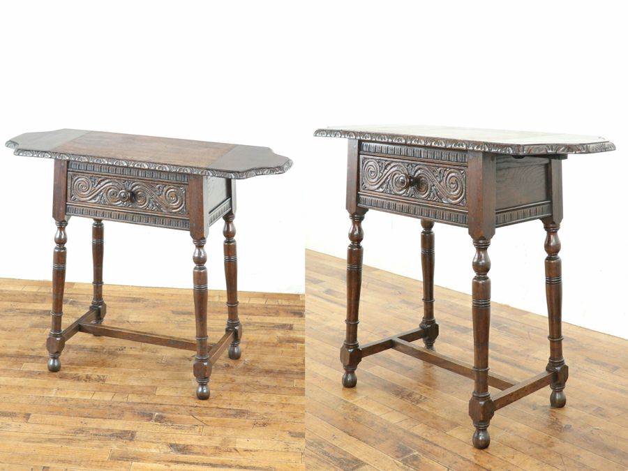 美しい彫刻 イギリスアンティーク 天板が拡がる サイドテーブル 80702