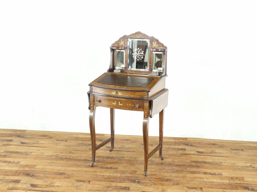 インレイなどの華やかなデザインと拡張棚を持つエドワーディアンレディデスク 80848