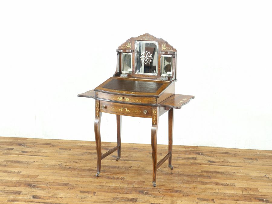 インレイなどの華やかなデザインと拡張棚を持つエドワーディアンレディデスク 80848