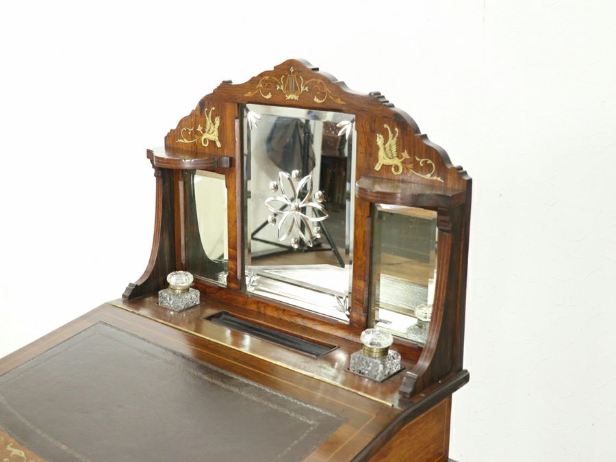 インレイなどの華やかなデザインと拡張棚を持つエドワーディアンレディデスク 80848