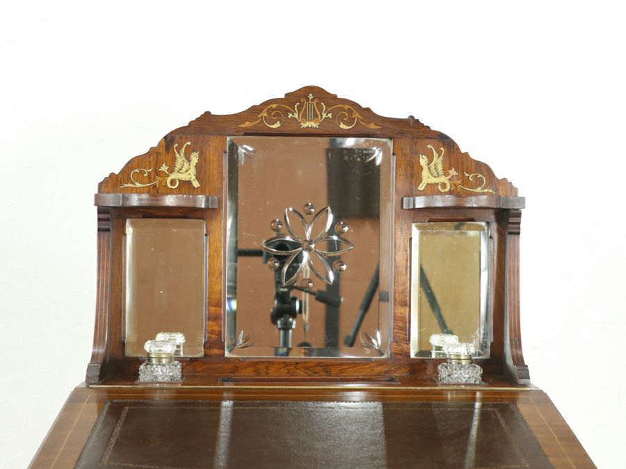 インレイなどの華やかなデザインと拡張棚を持つエドワーディアンレディデスク 80848