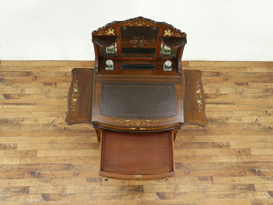 インレイなどの華やかなデザインと拡張棚を持つエドワーディアンレディデスク 80848