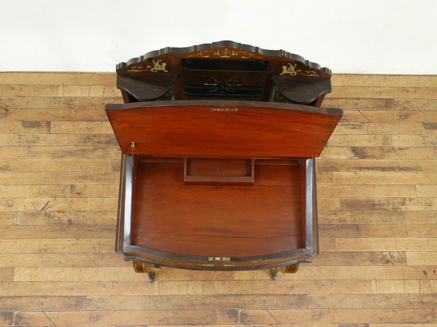 インレイなどの華やかなデザインと拡張棚を持つエドワーディアンレディデスク 80848