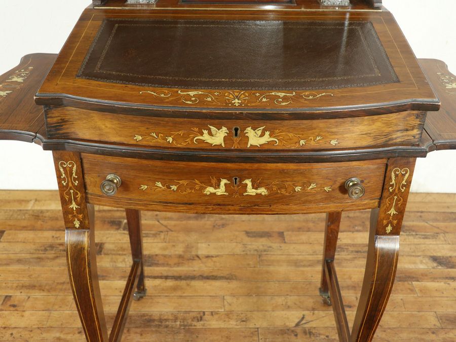 インレイなどの華やかなデザインと拡張棚を持つエドワーディアンレディデスク 80848