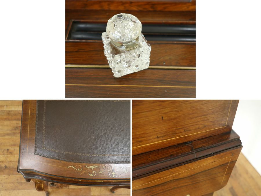 インレイなどの華やかなデザインと拡張棚を持つエドワーディアンレディデスク 80848