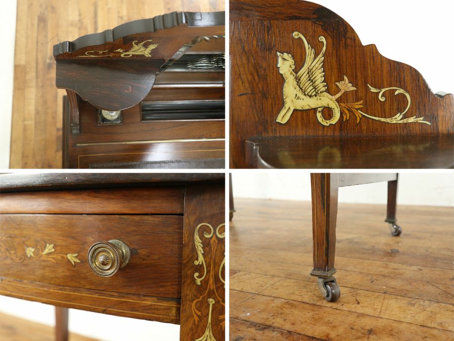 インレイなどの華やかなデザインと拡張棚を持つエドワーディアンレディデスク 80848
