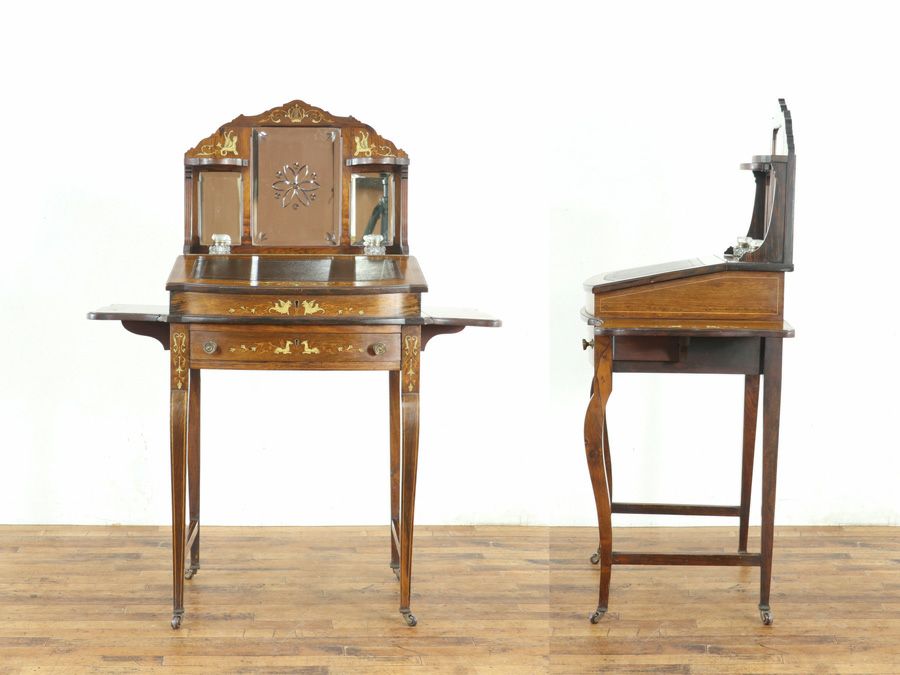 インレイなどの華やかなデザインと拡張棚を持つエドワーディアンレディデスク 80848