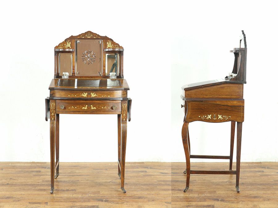 インレイなどの華やかなデザインと拡張棚を持つエドワーディアンレディデスク 80848